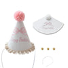 A white conical birthday hat with pink pompom and ribbon details, along with small gold ear loops.