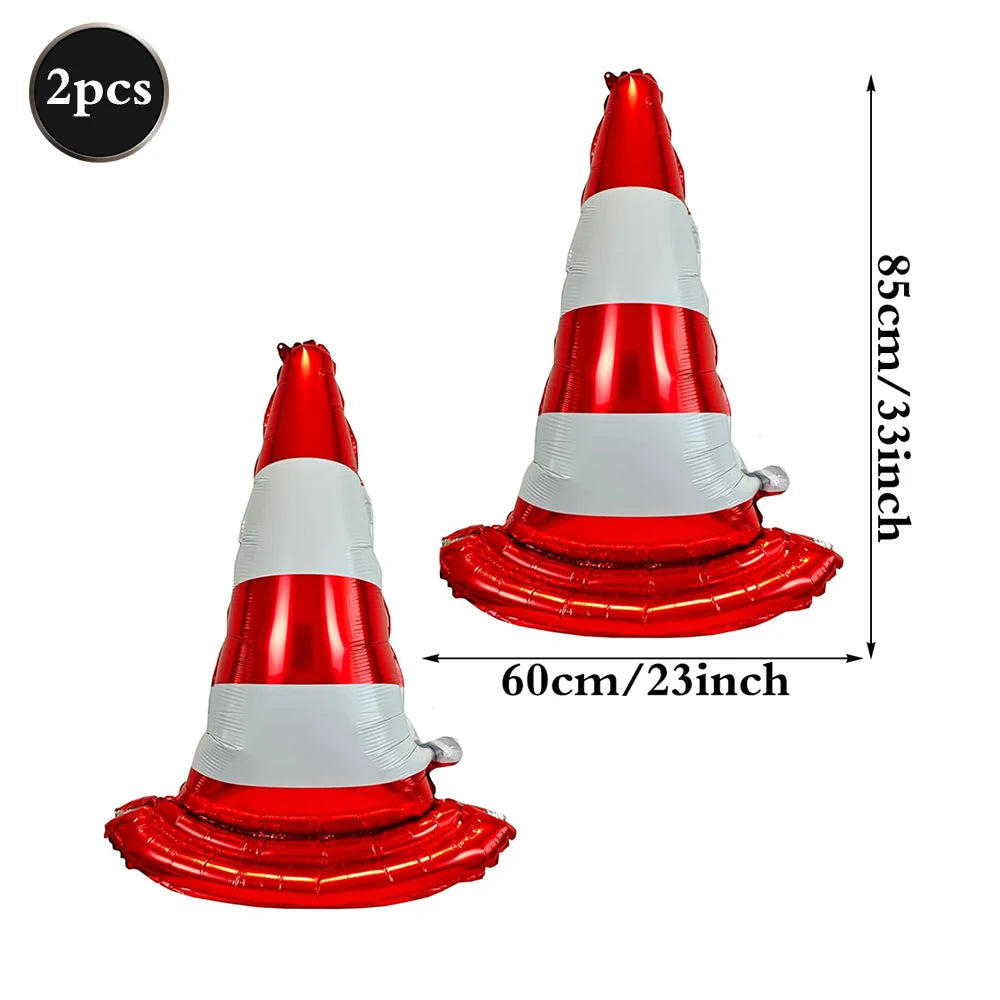 Two red and white striped traffic light cone balloons for decoration