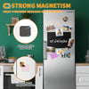 A silver refrigerator door displaying various photos and notes attached with auto-adhesive magnets.