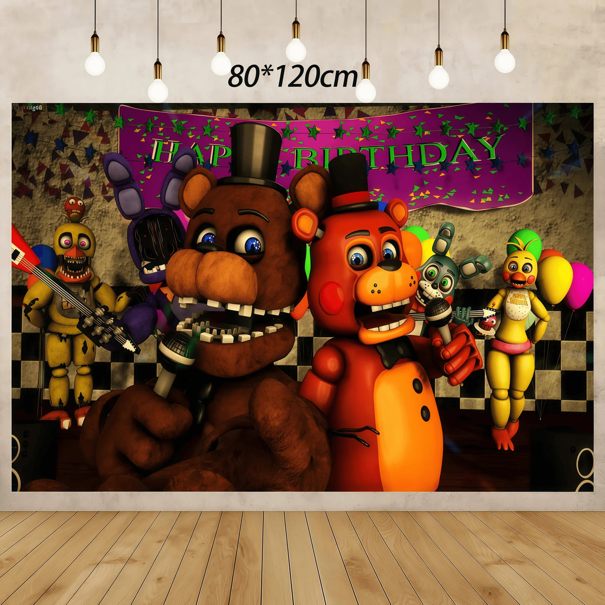 A collection of Five Nights at Freddy's themed birthday party supplies featuring animatronic characters.