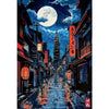 Ukiyo-e anime city street canvas wall art depicting a night scene with traditional Japanese architecture and a large moon