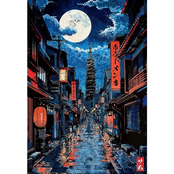 Ukiyo-e anime city street canvas wall art depicting a night scene with traditional Japanese architecture and a large moon