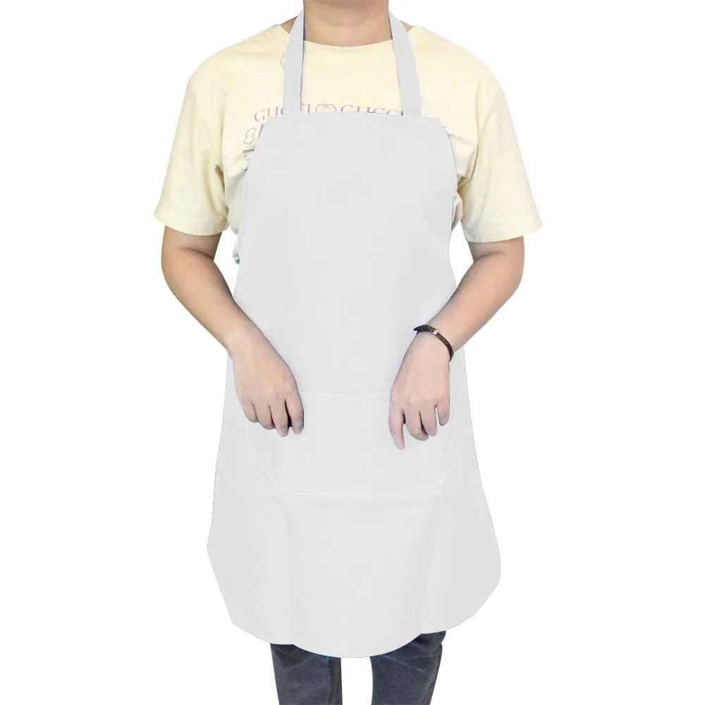 A person wearing a white waterproof kitchen apron with a front pocket.