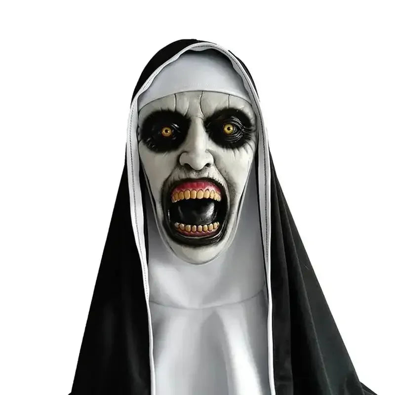 A realistic horror mask with pale skin, black hair, and intense yellow eyes, wearing a black veil.