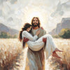 Oil painting of Jesus embracing a child, rendered in thick impasto texture and soft light.