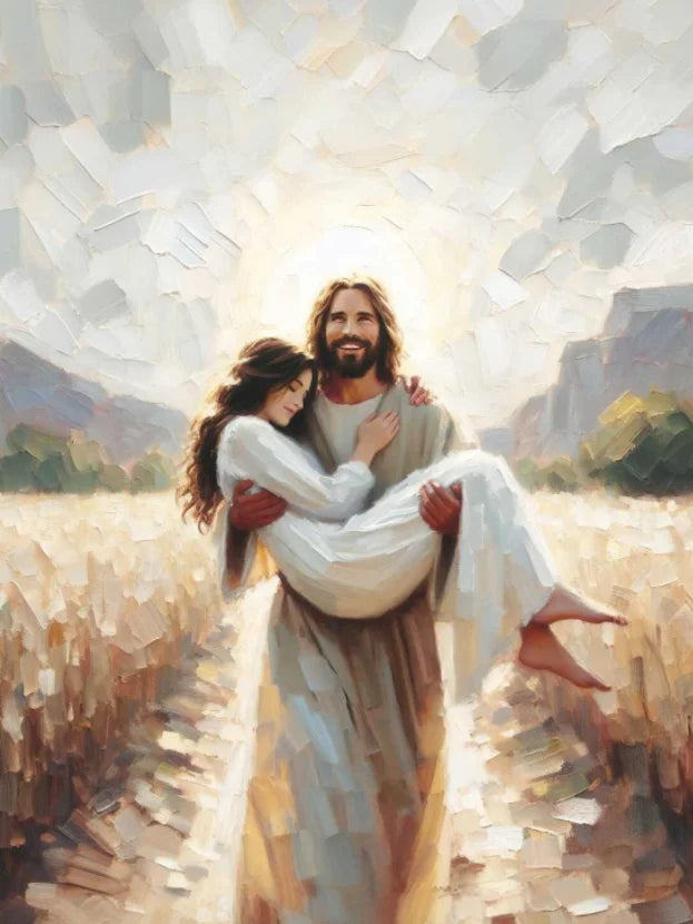 Oil painting of Jesus embracing a child, rendered in thick impasto texture and soft light.