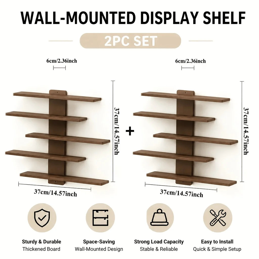 A set of two wall-mounted display shelves made of brown wood, featuring sturdy design and strong load capacity.