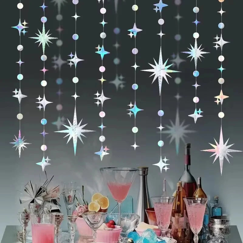 Glittering star and polka dot garland kit featuring pink and blue iridescent beads and star shapes