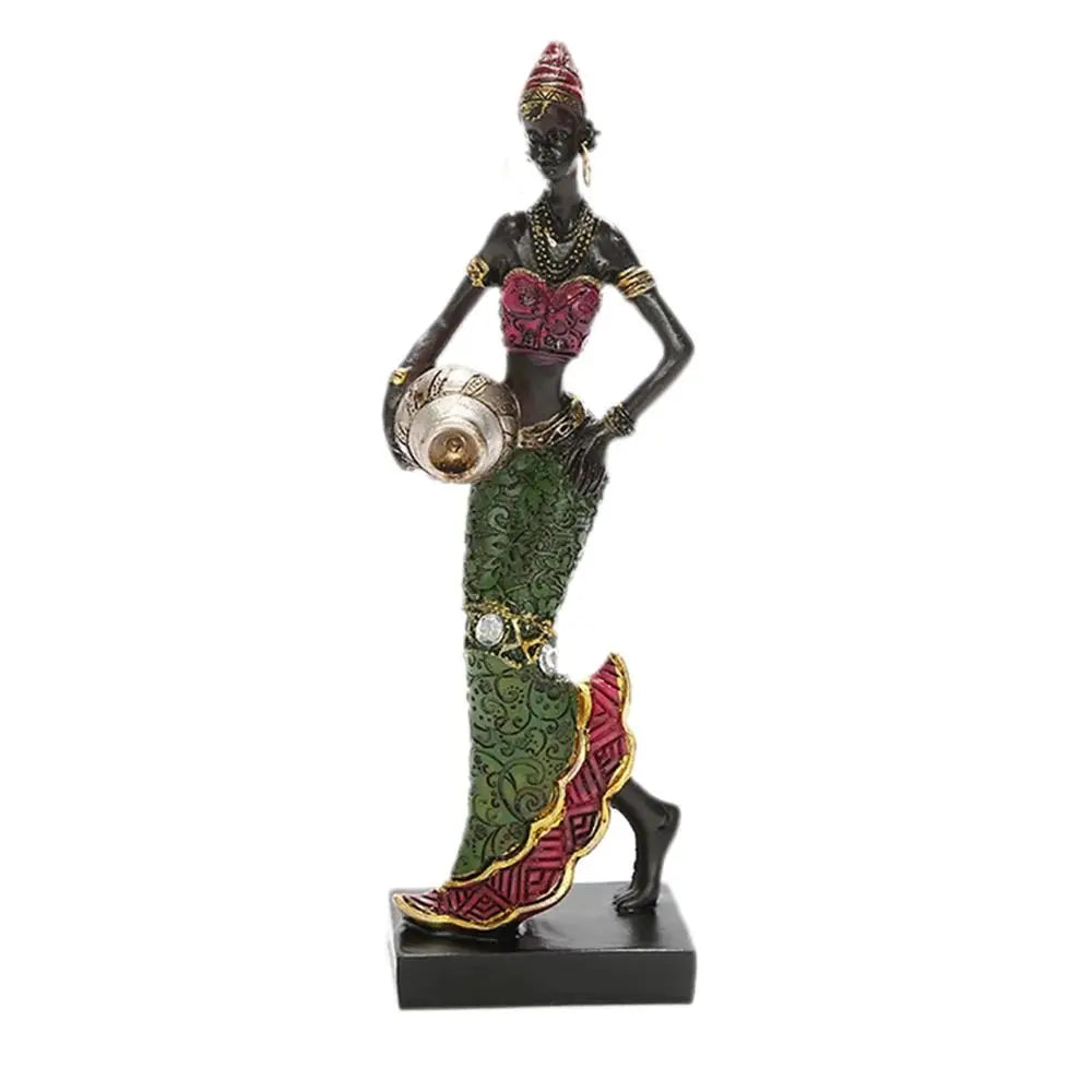 Hand-painted resin statue of an African tribal lady with elaborate headdress and jewelry.