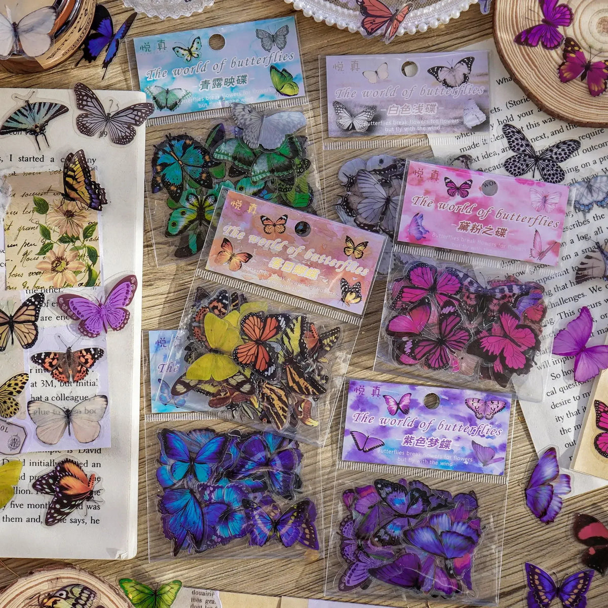 A collection of butterfly art collage stickers and embellishments for scrapbooking