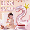Pink aluminum foil crown number balloons spelling out the number 2 with a smiling child