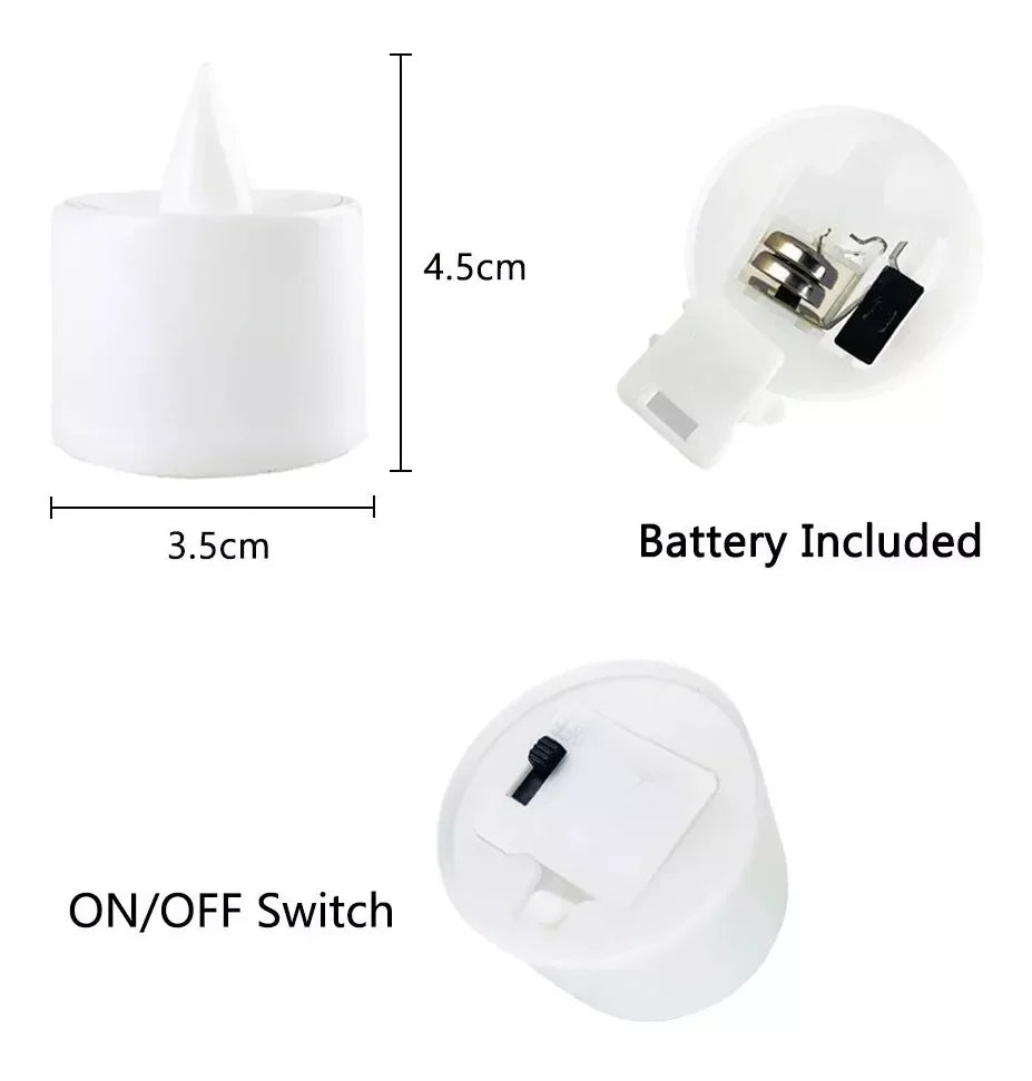 A white flameless LED tea light candle set with a conical holder and an ON/OFF switch.