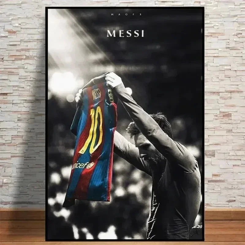A black and white photo of Lionel Messi celebrating with a football, titled Messi.