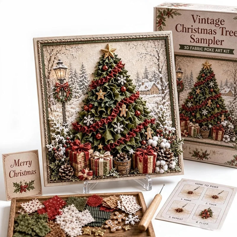Vintage Christmas Tree Sampler kit featuring a 3D fabric poke art scene of a decorated evergreen tree in a winter forest.