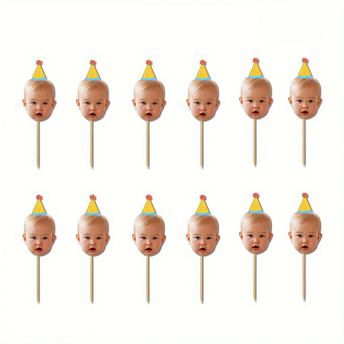 A set of ten personalized baby photo cupcake toppers featuring infants' faces on yellow and white conical picks.
