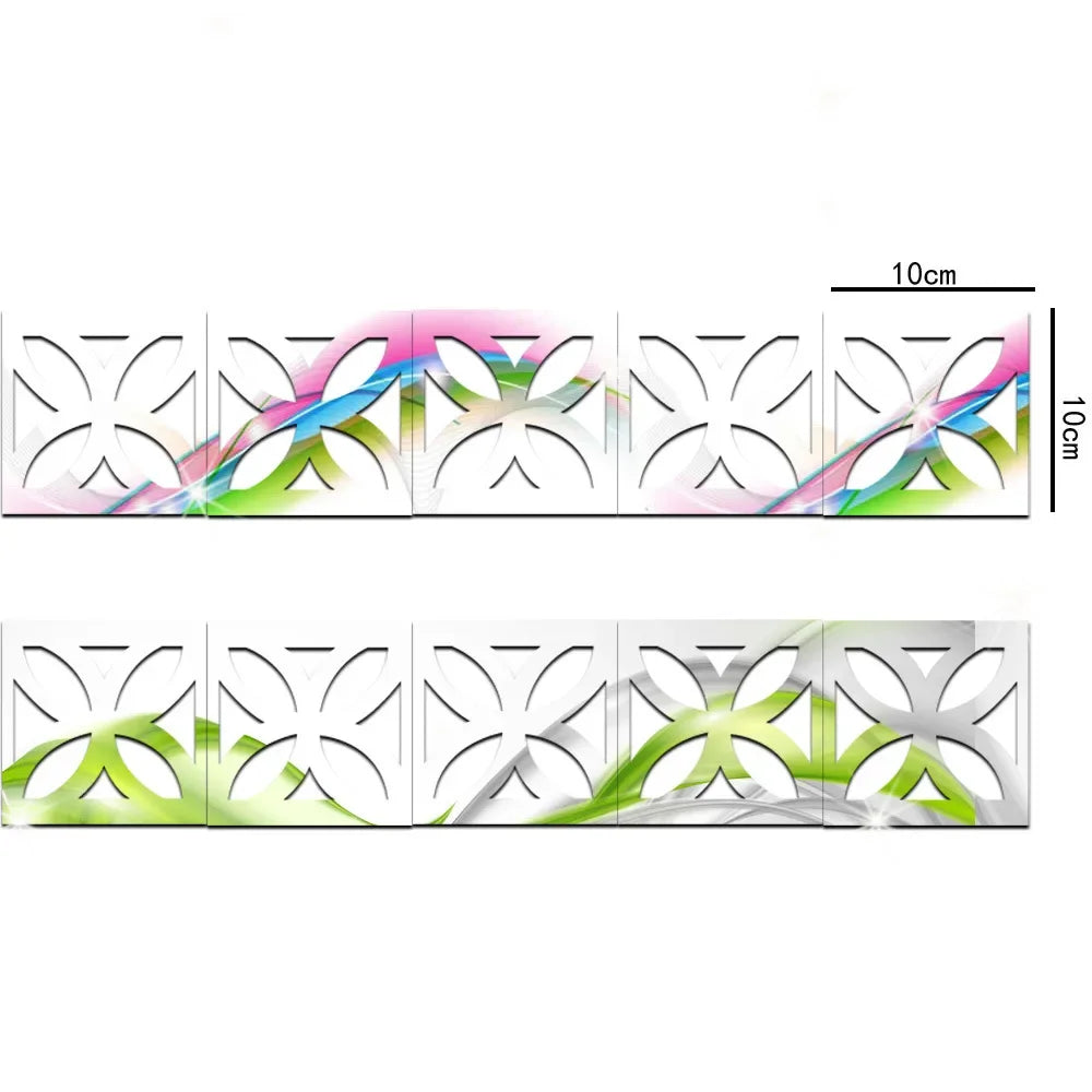 A set of ten self-adhesive 3D acrylic mirror wall stickers featuring decorative edge and corner trim designs.