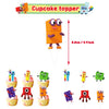 A set of cupcake toppers featuring various characters and designs for a birthday party decoration.