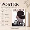 A vertical poster featuring a character in a black cap and suit, titled Bleach.
