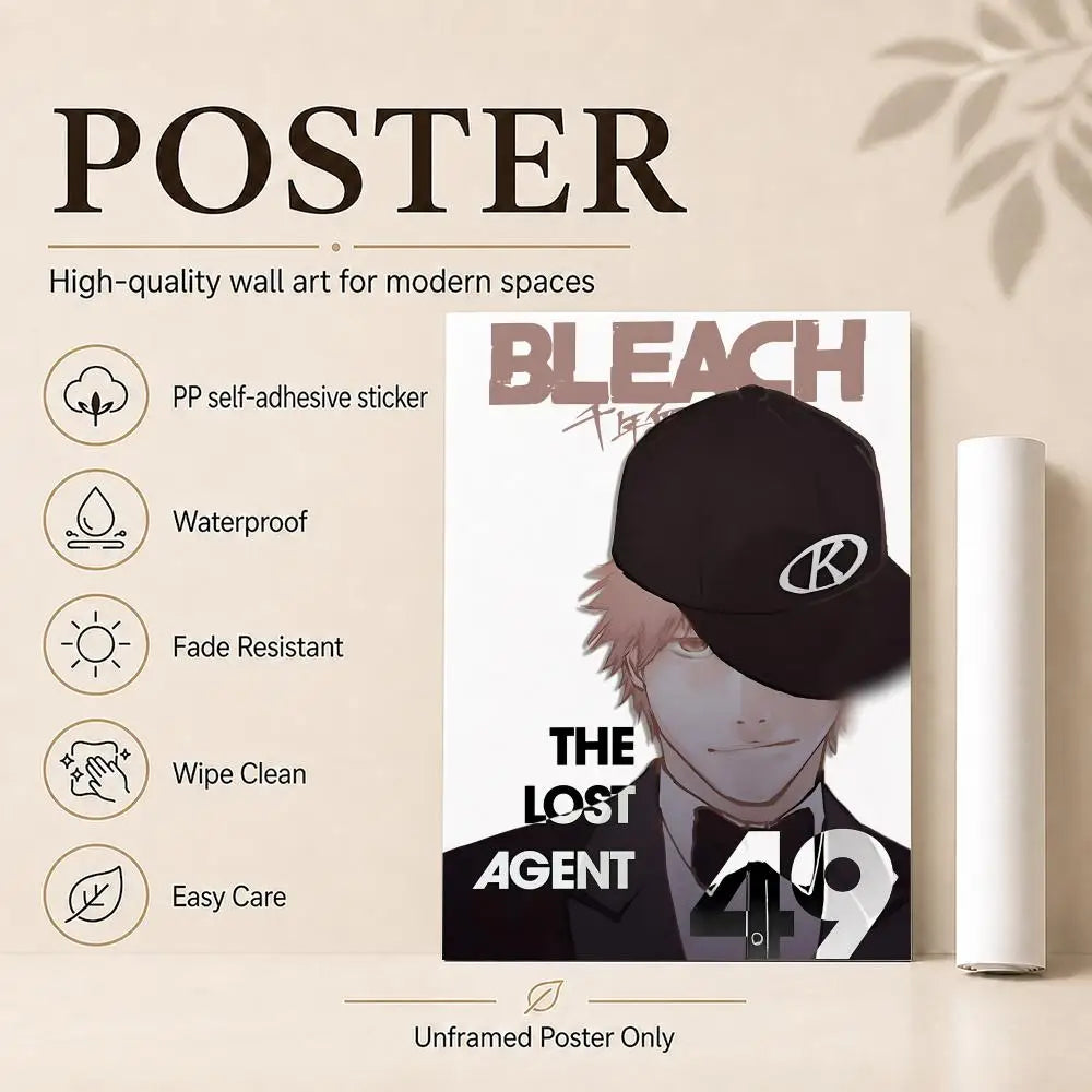 A vertical poster featuring a character in a black cap and suit, titled Bleach.