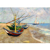 An oil painting depicting fishing boats and sailboats on a coastal sea under a bright sky.