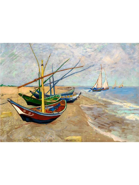 An oil painting depicting fishing boats and sailboats on a coastal sea under a bright sky.