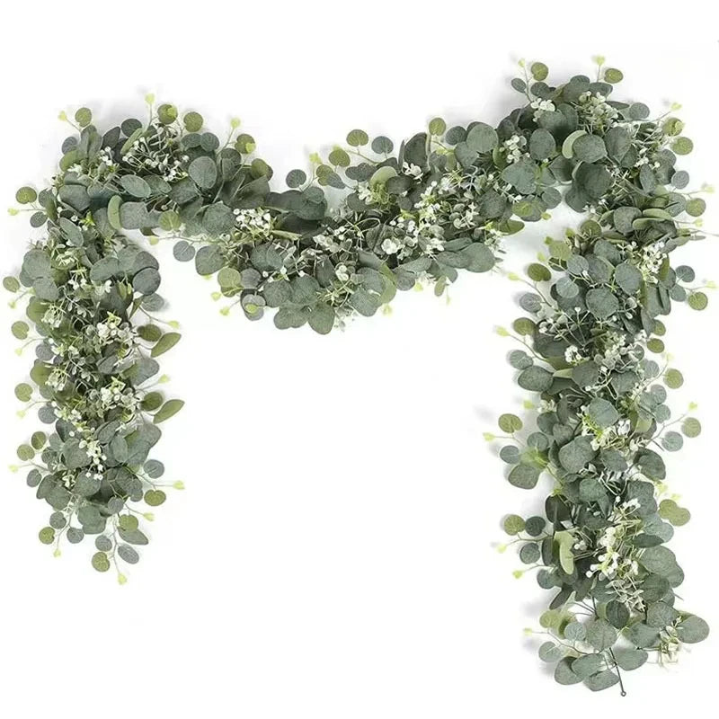 Green and white artificial eucalyptus leaf garland used for home decor
