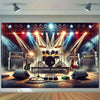 A vibrant stage backdrop featuring musical equipment like guitars, amplifiers, and drums under bright spotlights.
