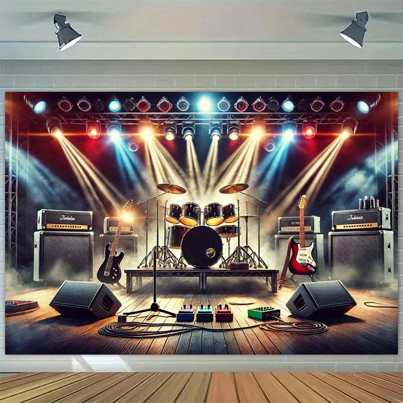 A vibrant stage backdrop featuring musical equipment like guitars, amplifiers, and drums under bright spotlights.
