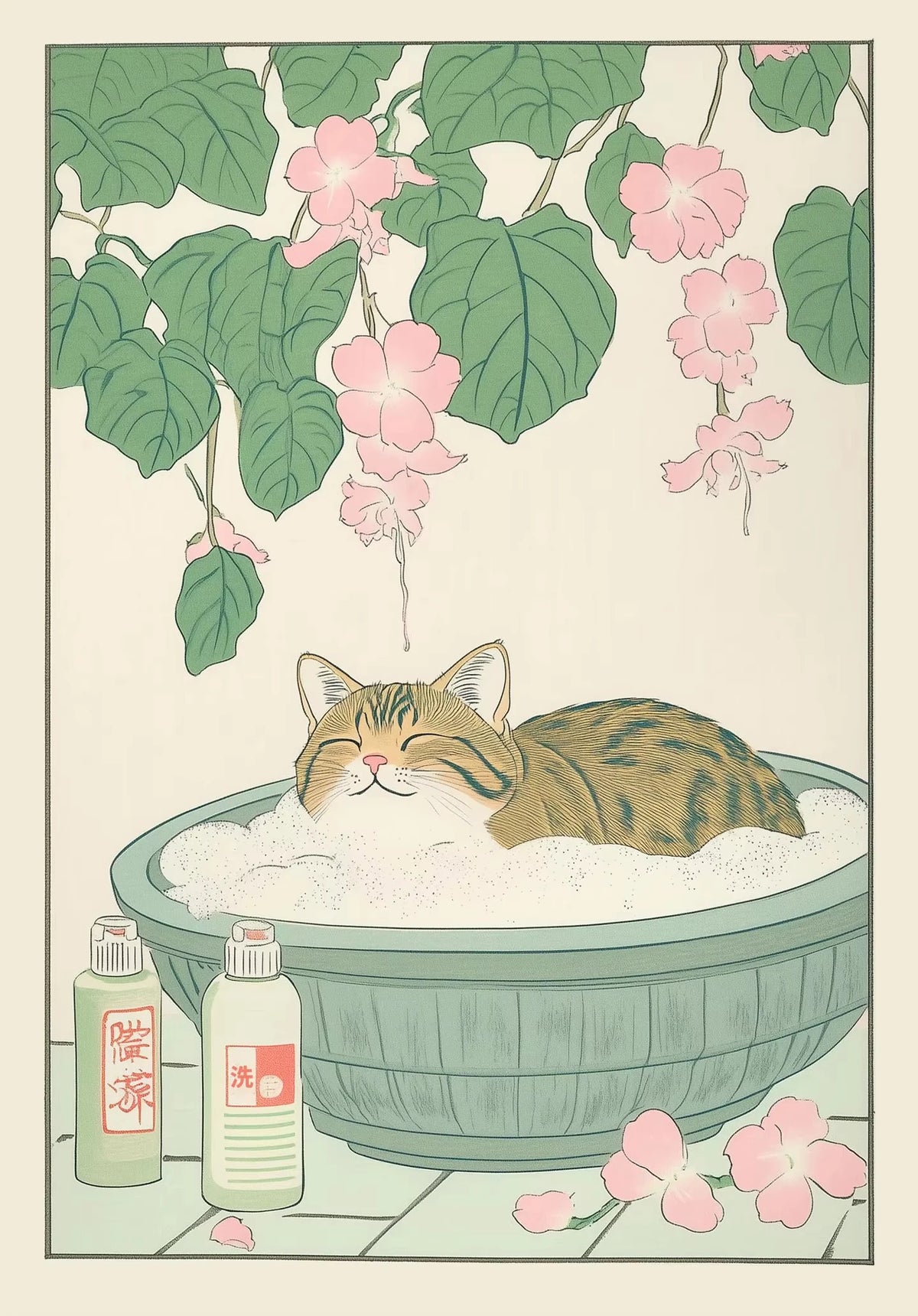 A vintage illustration of a cat's face submerged in fluffy white material, surrounded by pink blossoms and green leaves.