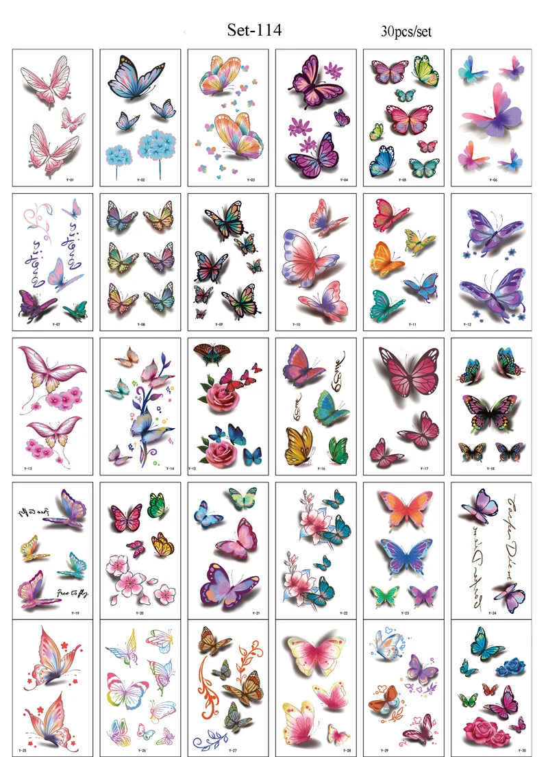 A collection of 30 pieces of waterproof temporary body art stickers featuring various colorful butterflies and floral designs