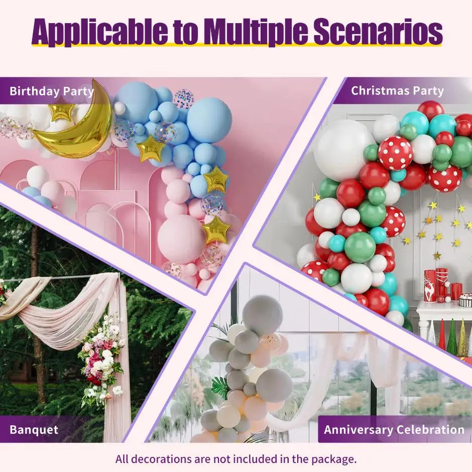 A collage showing various decorative balloon arches and floral arrangements for different events like birthday parties, Chris