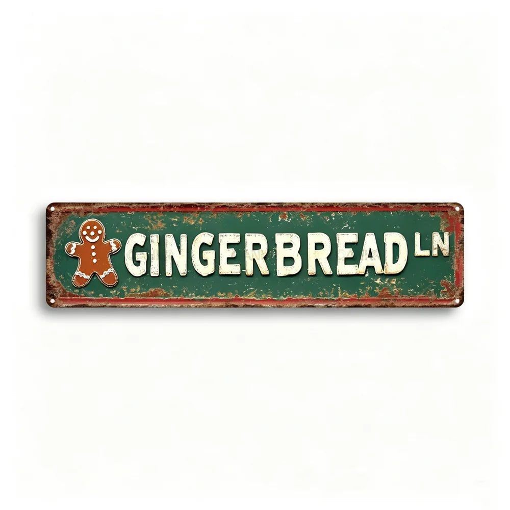A rectangular, distressed green metal tin sign with the text GINGERBREAD in white lettering and a gingerbread man graphic.
