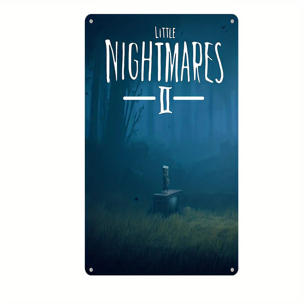 A dark teal metal sign for Little Nightmares II featuring white text and a silhouette of a figure in a foggy forest.