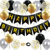A set of black and gold balloons and banners for a birthday party decoration.