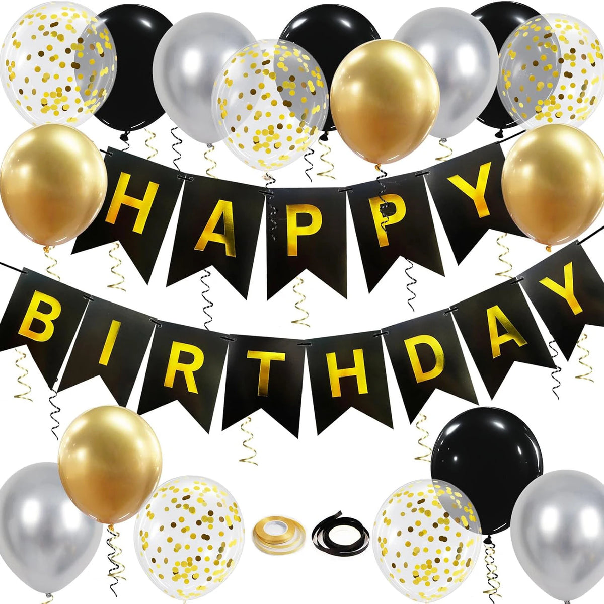 A set of black and gold balloons and banners for a birthday party decoration.