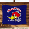 A dark blue flag featuring a stylized red rooster graphic and the text Clay Smith Cams and Mr. Horsepower