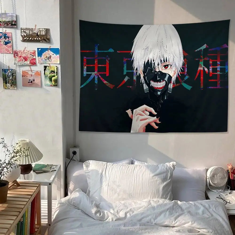 A large tapestry featuring a stylized anime character with white hair and a skull face against a dark background.