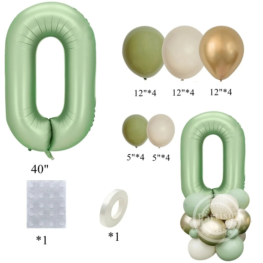 A set of vintage number balloons in light green and gold, including a large zero balloon and smaller balloons.