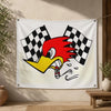 A white flag featuring a stylized red rooster head with a yellow beak and black and white checkered wings.