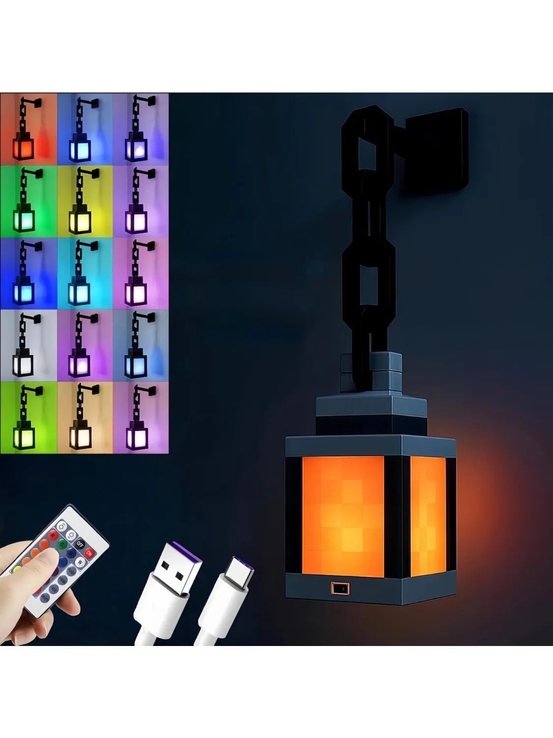 A close-up view of an 16-color RGB pixel lantern night light, showing various color combinations and a remote control.