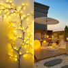A close-up of a vertical wall decorated with glowing yellow LED willow vine lights in an outdoor setting.