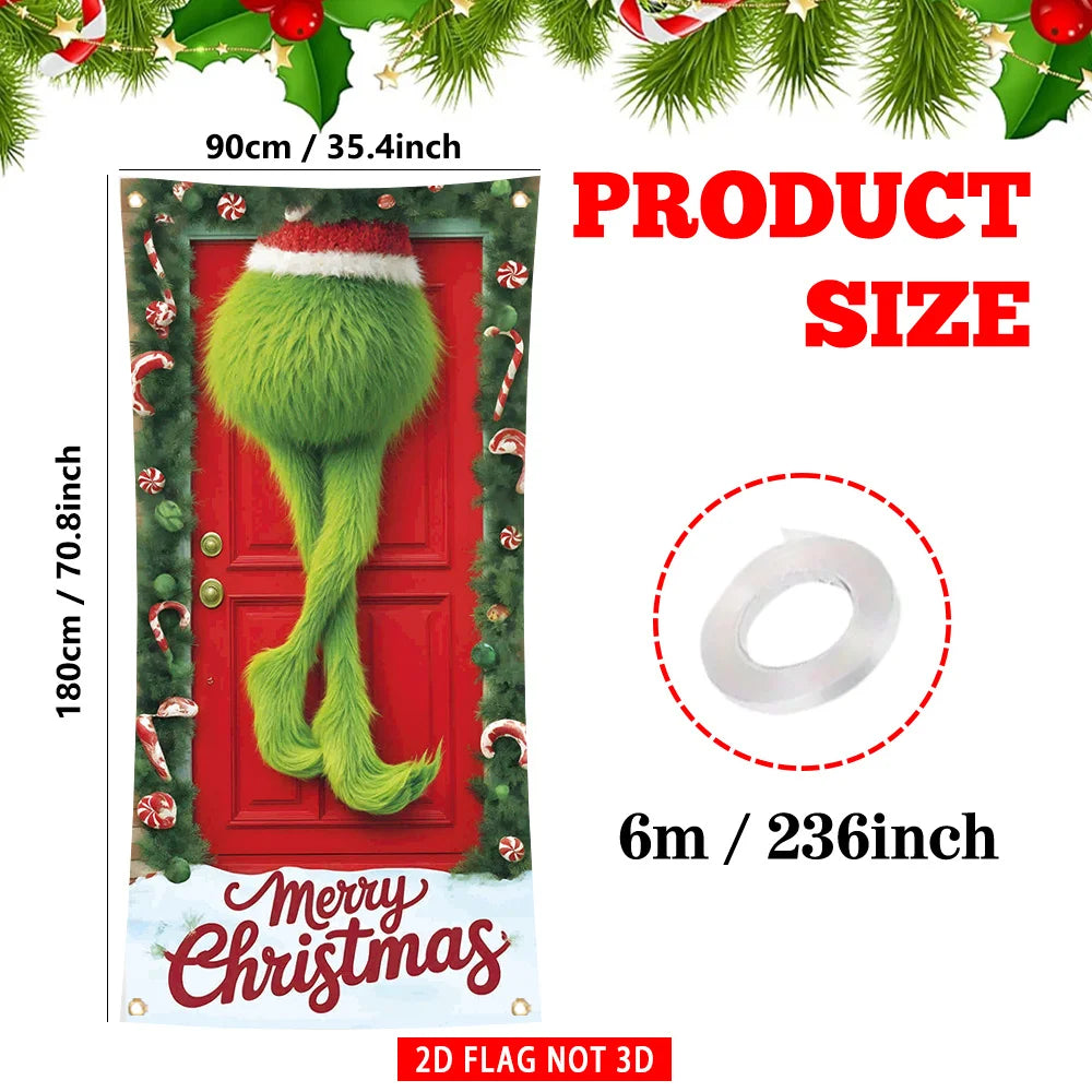 A festive Christmas door cover flag featuring a green fuzzy beard and holly leaves.