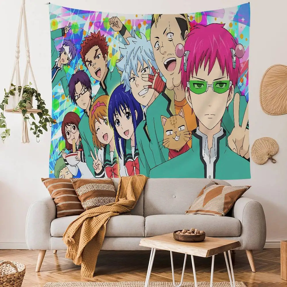Anime tapestry wall hanging featuring characters from The Disastrous Life of Saiki K.