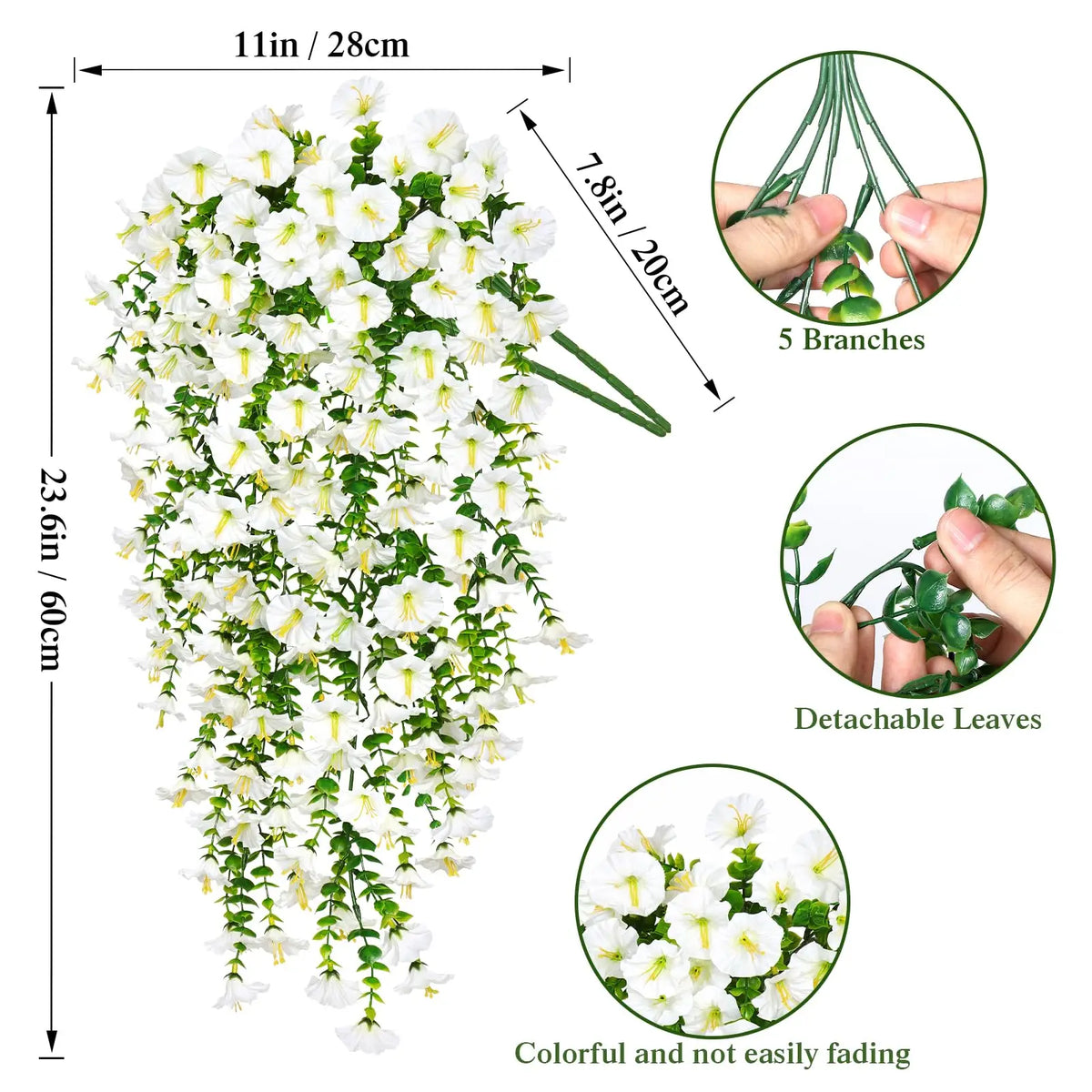 A vertical arrangement of artificial white morning glory flowers with green stems and detachable leaves for outdoor decor.
