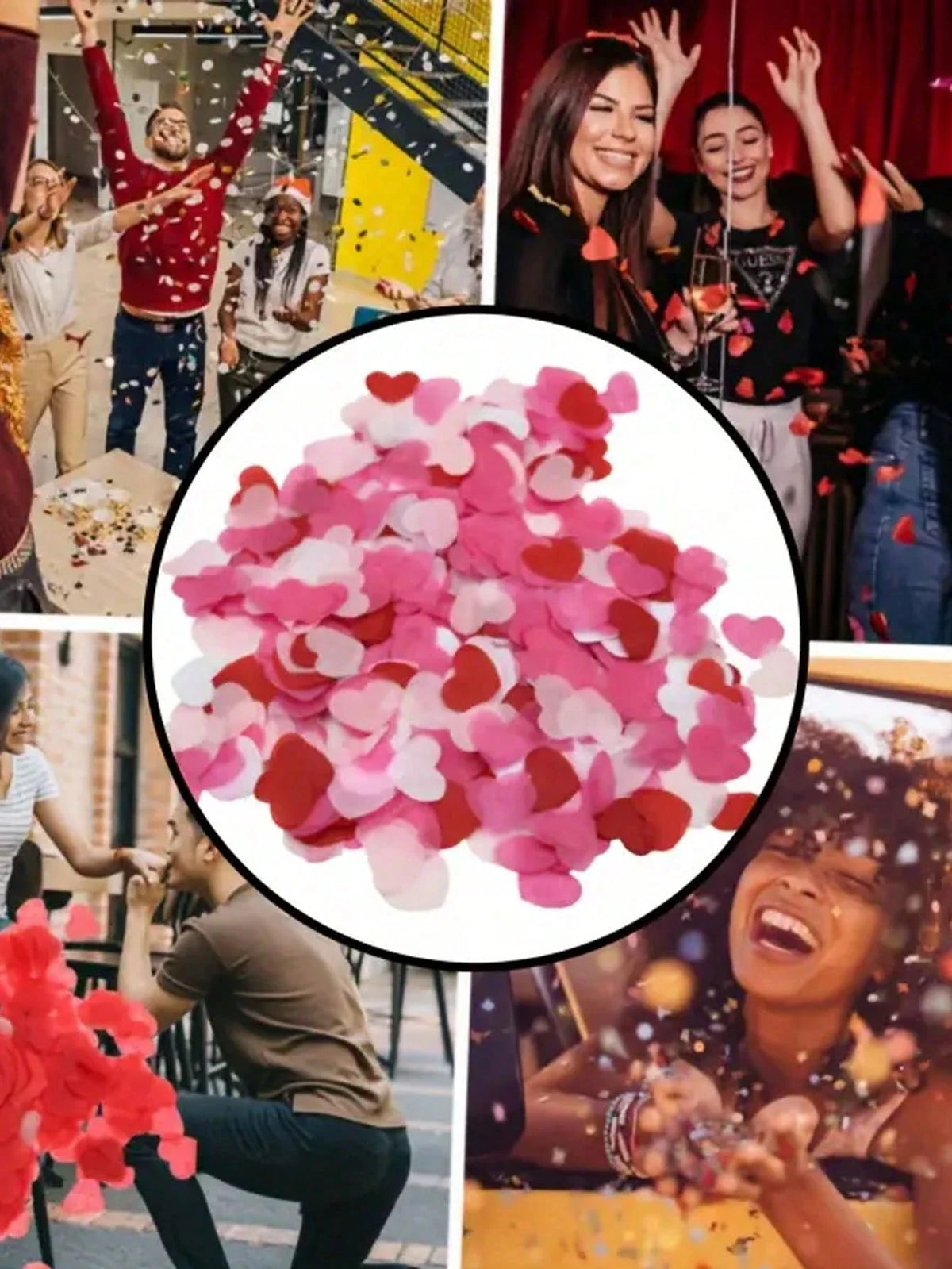 Close-up of pink and red heart-shaped sequins confetti being thrown in the air during a celebration.