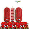 A set of 41 superhero themed party plates and cups with red, black, and yellow decorations.