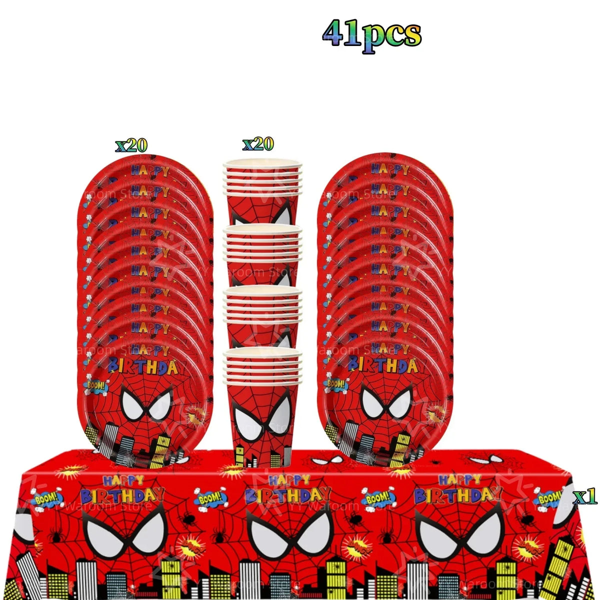 A set of 41 superhero themed party plates and cups with red, black, and yellow decorations.