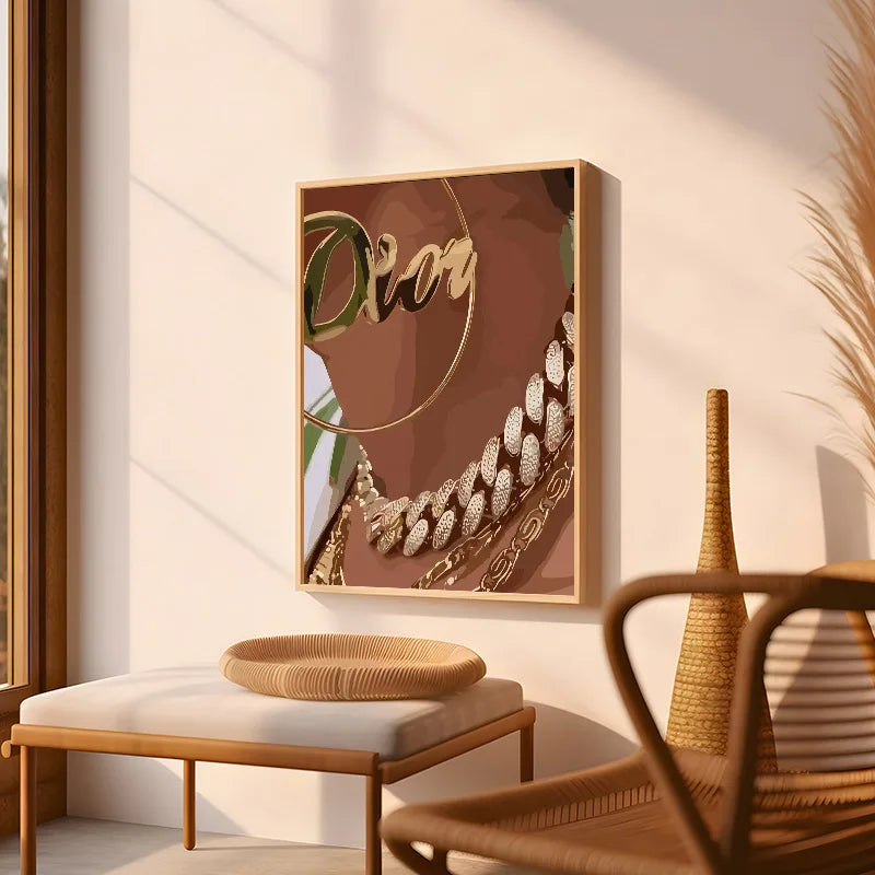 Gerahmtes Leinwandbild in Gold- und Olivgrüntönen mit dekorativem Goldketten-Design.