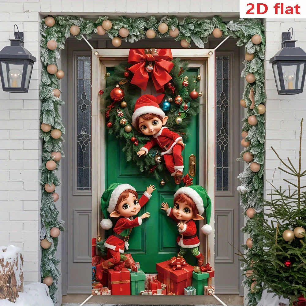 A festive Christmas elf door curtain featuring a wreath, gifts, and elf figures on a green door.
