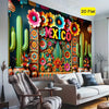 A vibrant tapestry featuring colorful Mexican floral and cactus designs used as a party backdrop.